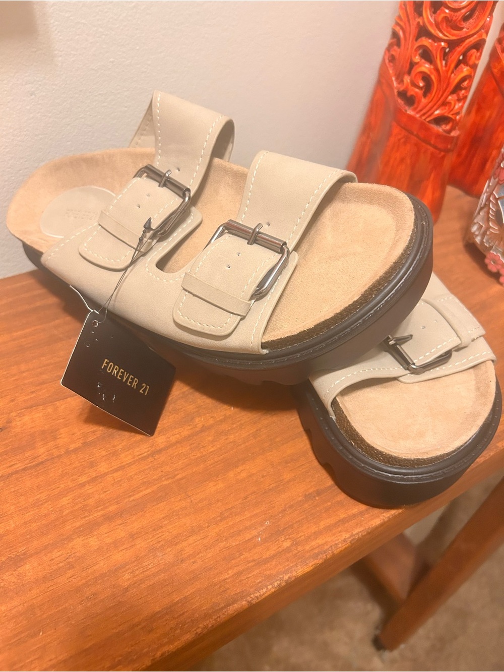 Forever 21 Beige Double-Buckle Slide Sandals
